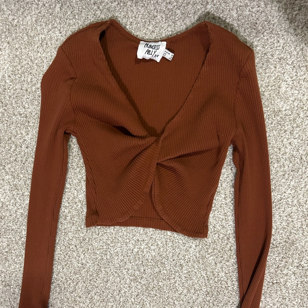 Princess Polly Brown Tie Front Crop Blouse